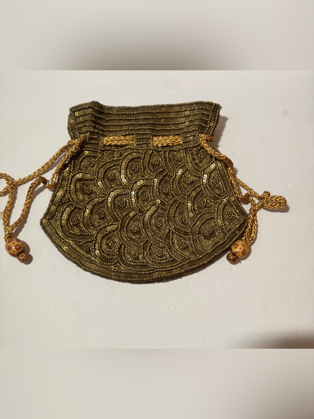 Vintage Hand-Beaded Evening Bag - Drawstring, Bronze/Gold Metallic, Lined
